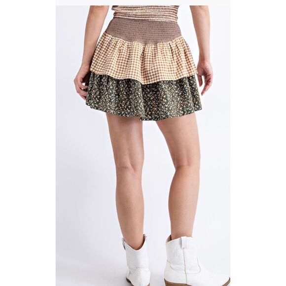 Easel Gingham Printed Cotton Voile Crop Top & Mini Skirt S Mocha - Picture 3 of 3